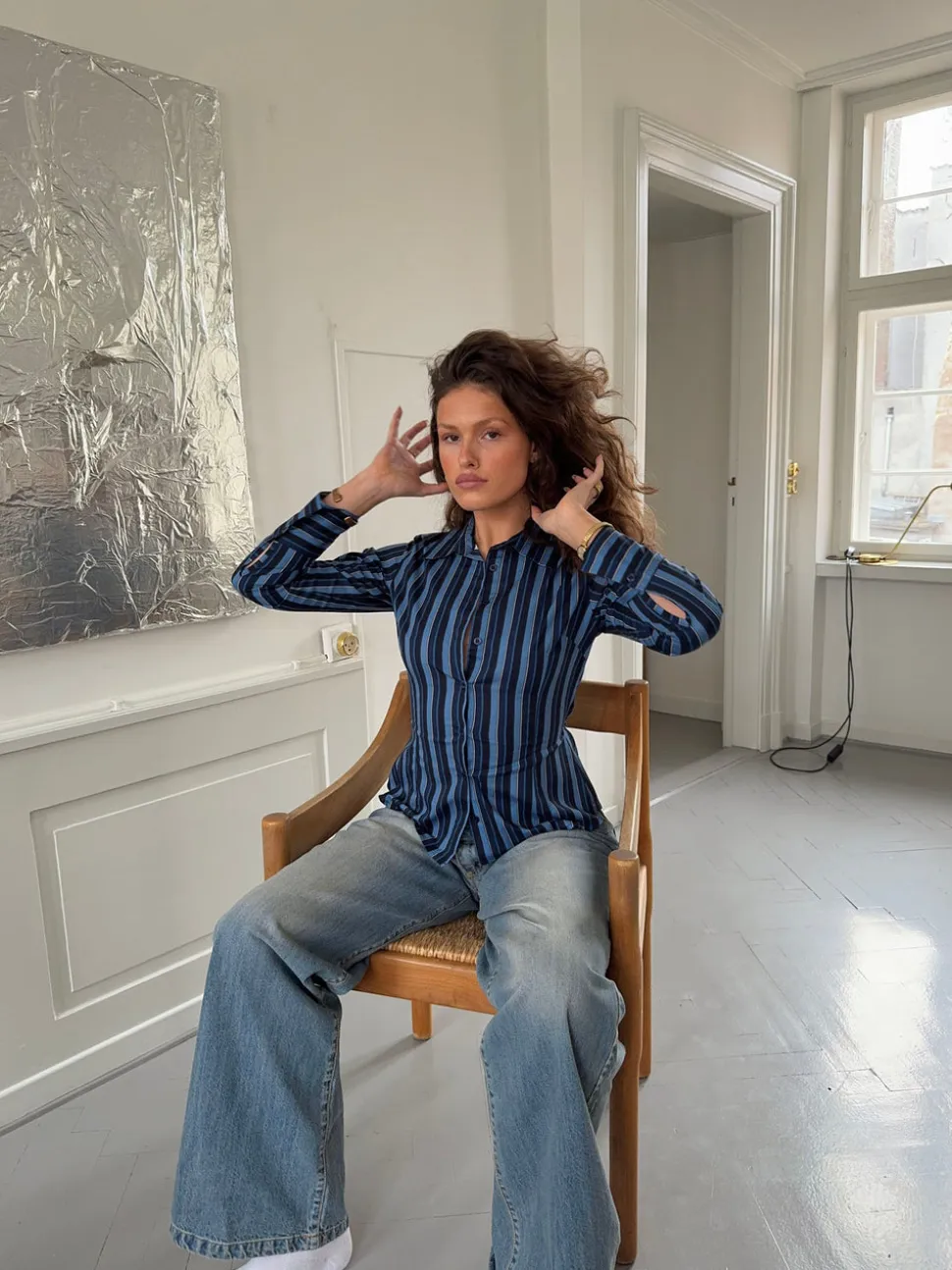 Alberte figursyet skjorte med striber - Mørkeblå/Sort