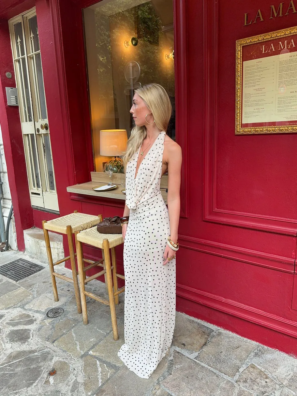 Eliva maxikjole med polkaprikker - Off white/sort