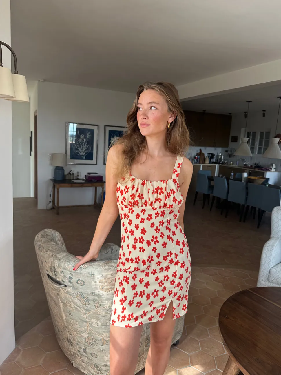 Elvalina kjole med blomster - Gul/rød