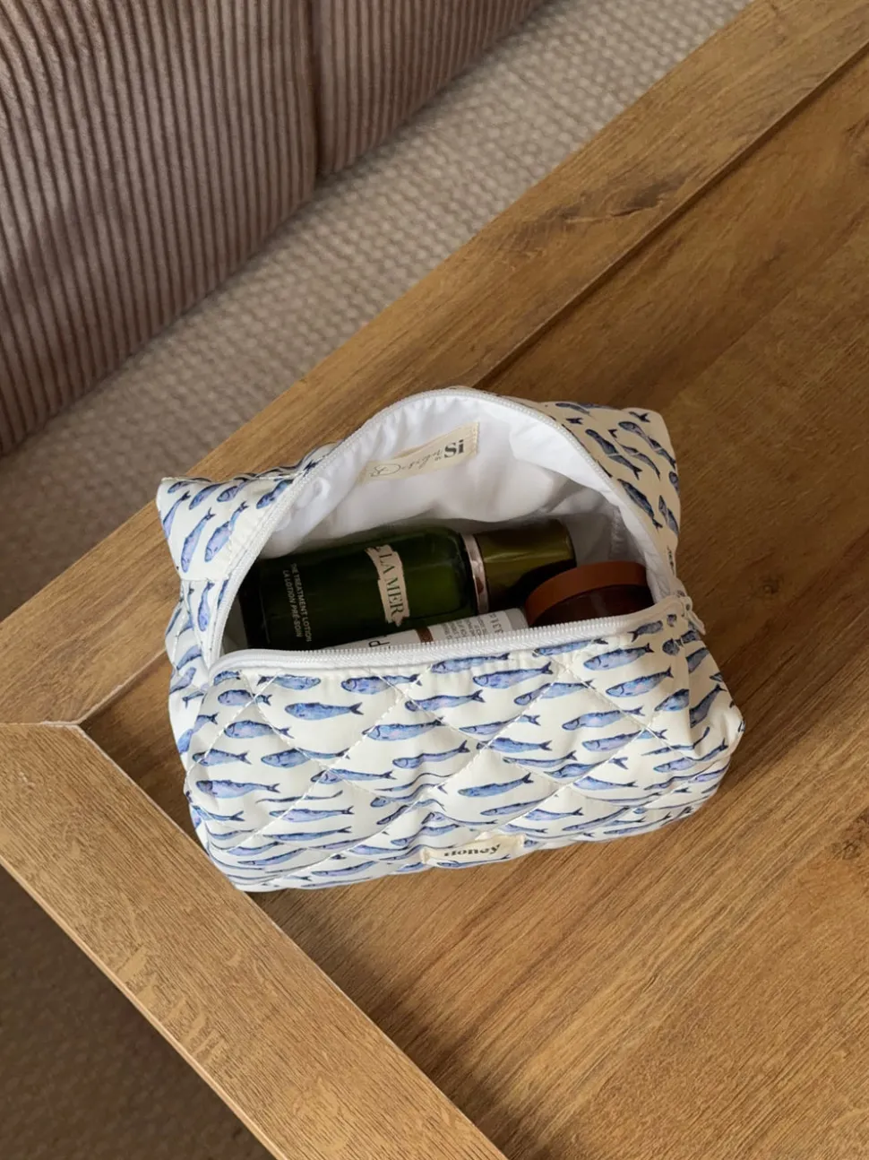 Honey lille toilettaske med fiskemønster - Hvid/blå