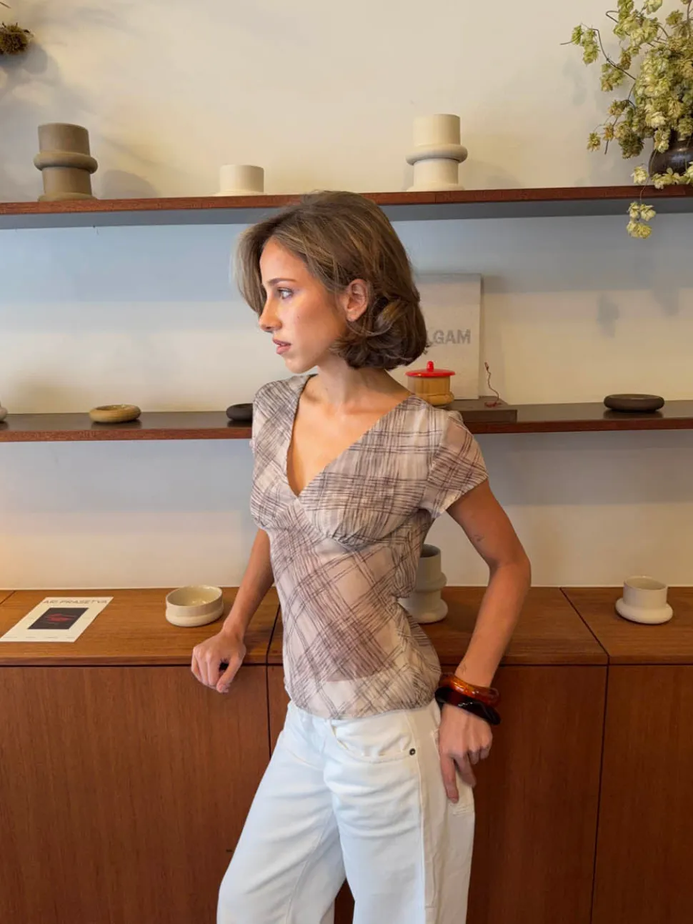 Leonorita top med ternet mønster - Beige/brun