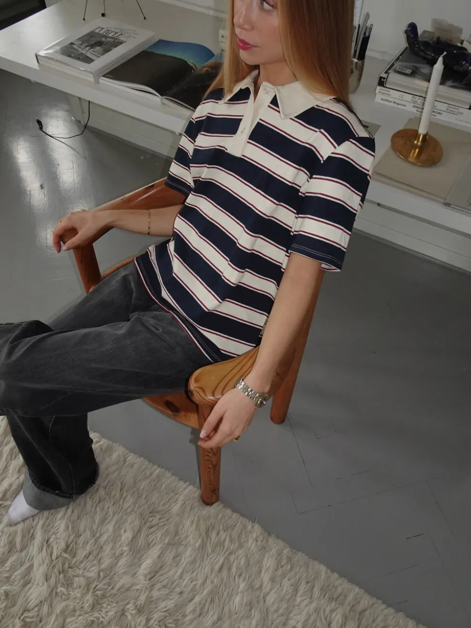 Linna polo med striber - Navy/beige/rød