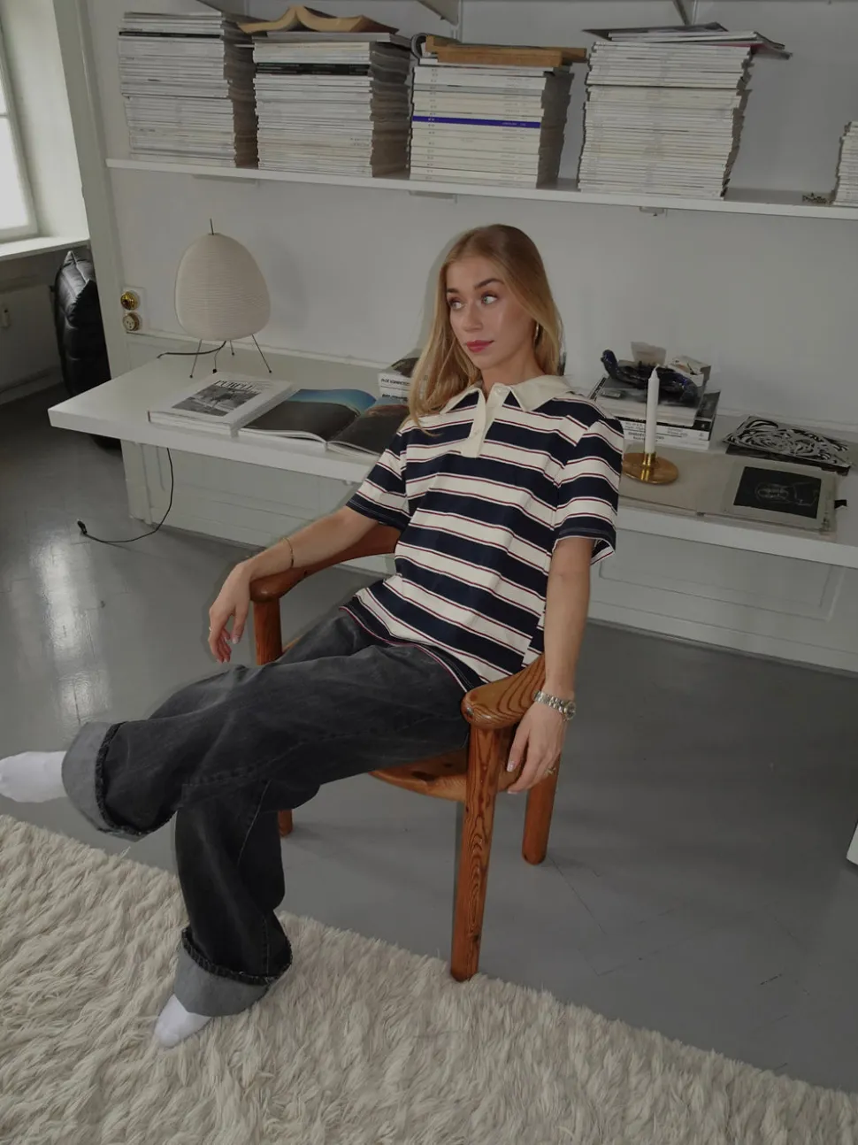 Linna polo med striber - Navy/beige/rød