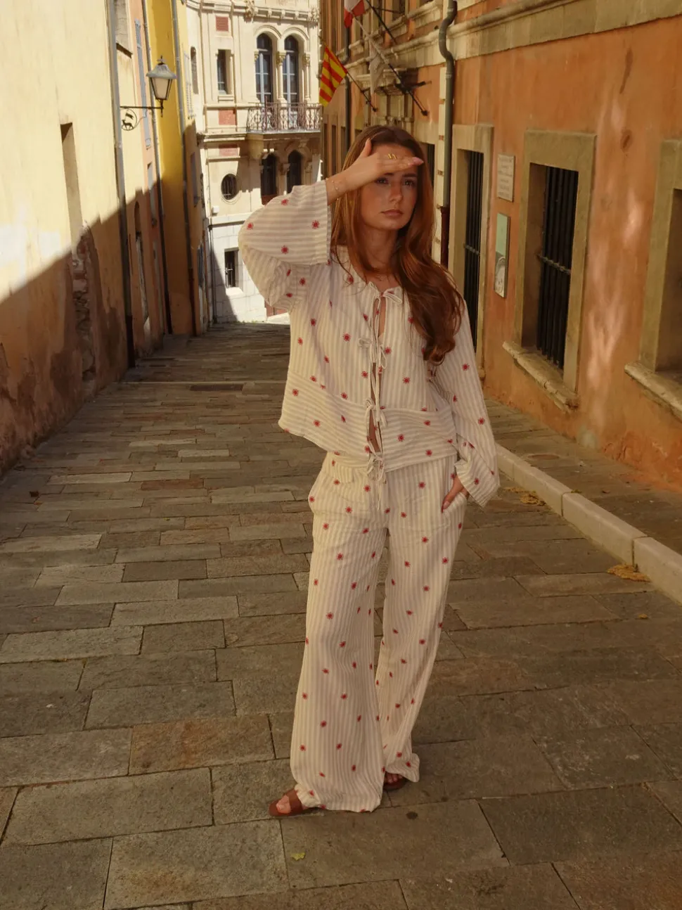 Mireille bukser med sol mønster - Beige/rød
