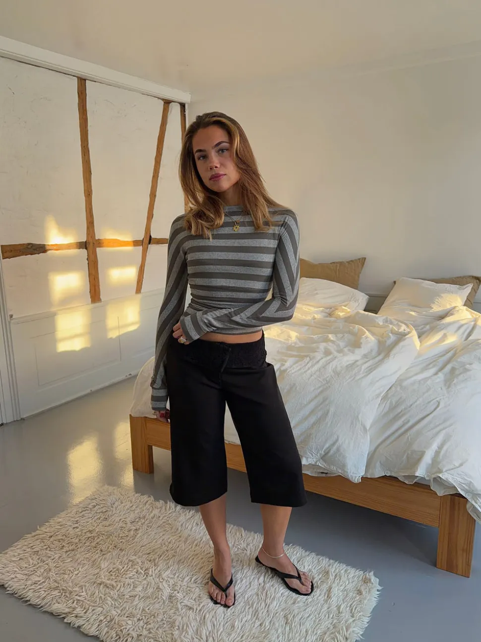 Regitze bluse med striber - Grå/kaki