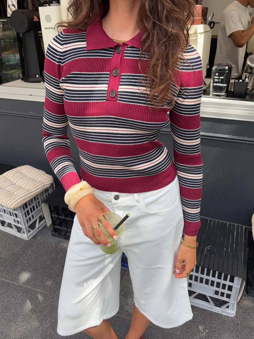 Tilina polo med striber - Rød/beige/navy