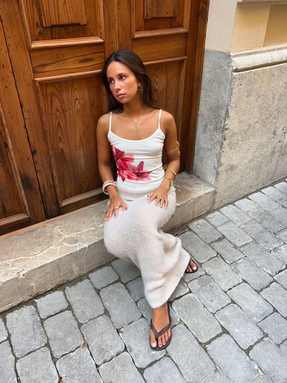 Zeina top med blomst - Hvid/lyserød